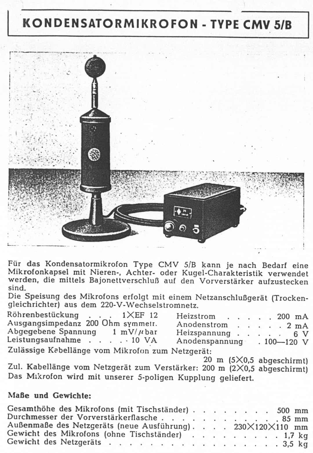 Neumann CMV 5/B Spec Sheet (German)